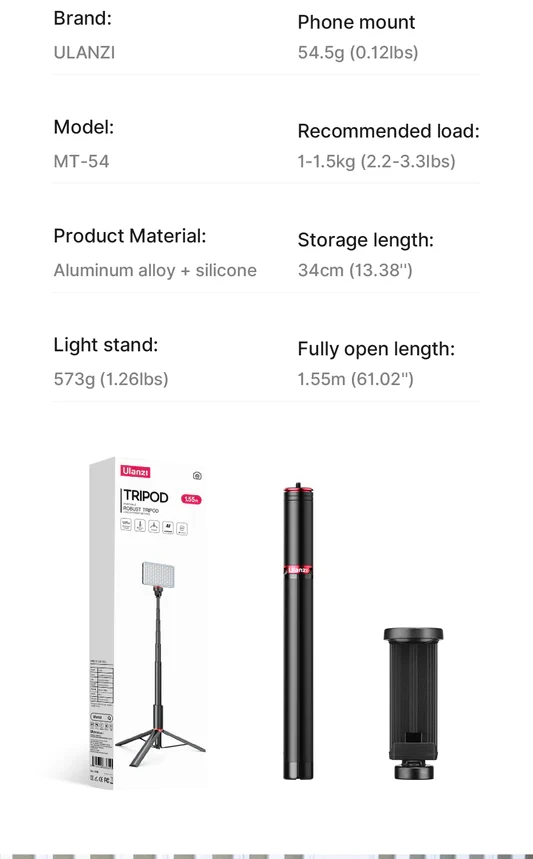 Ulanzi MT-54 150cm Selfie Stick Tripod For Phone + Camera 2 Ulanzi MT-54 150cm Selfie Stick Tripod For Phone + Camera - Image 2